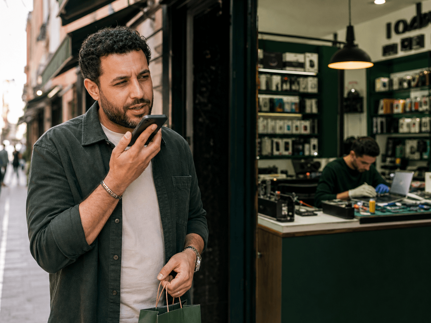 A business owner receiving and understanding a customer voice note