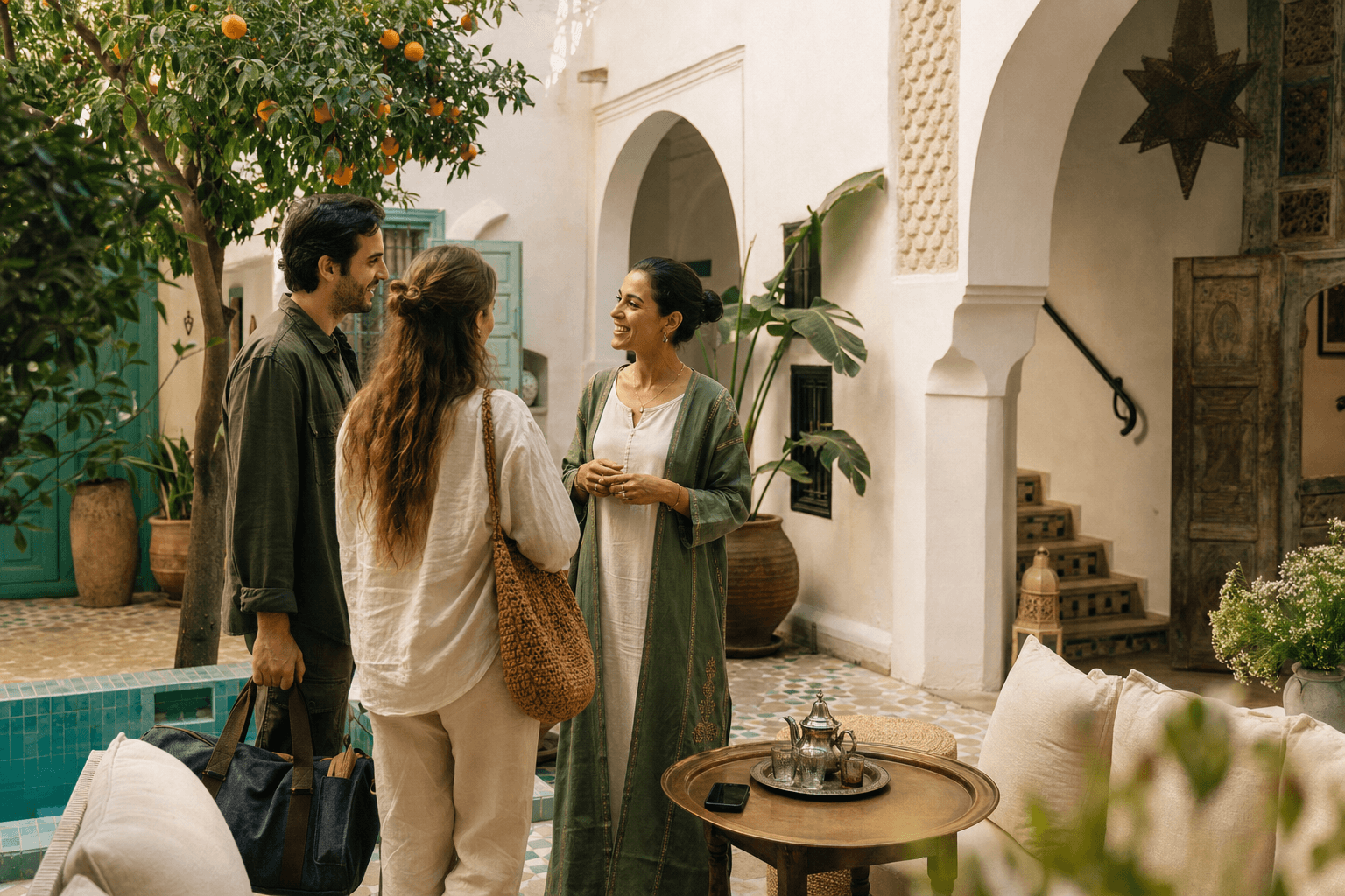A Moroccan riad host warmly welcoming arriving guests
