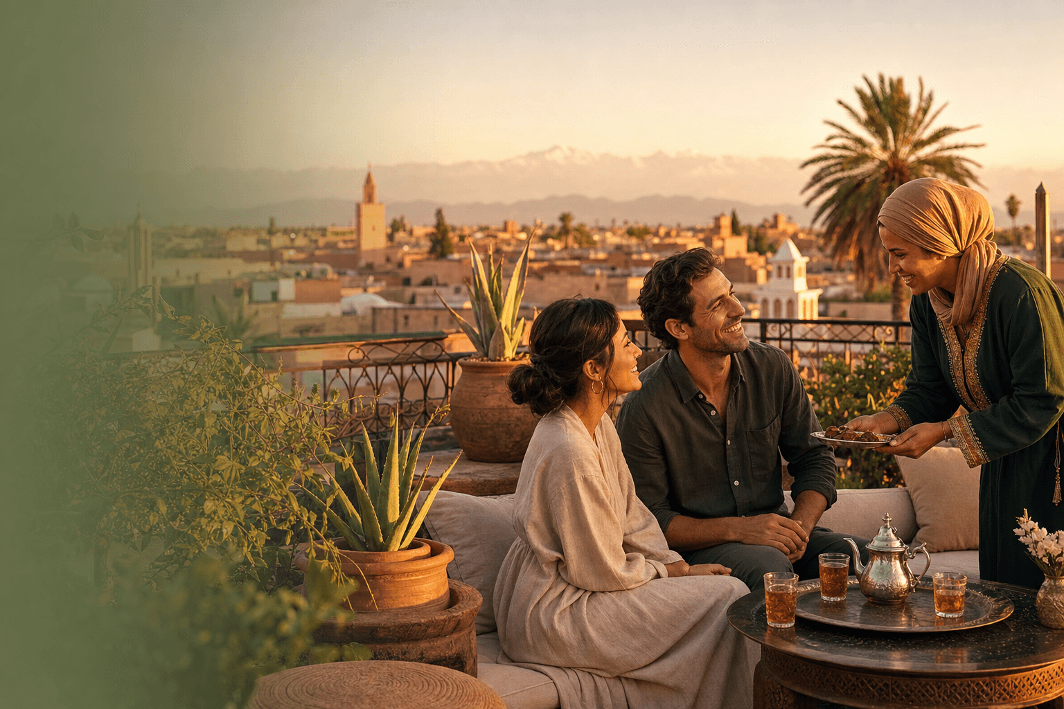 Guests receiving a warm welcome on a riad rooftop