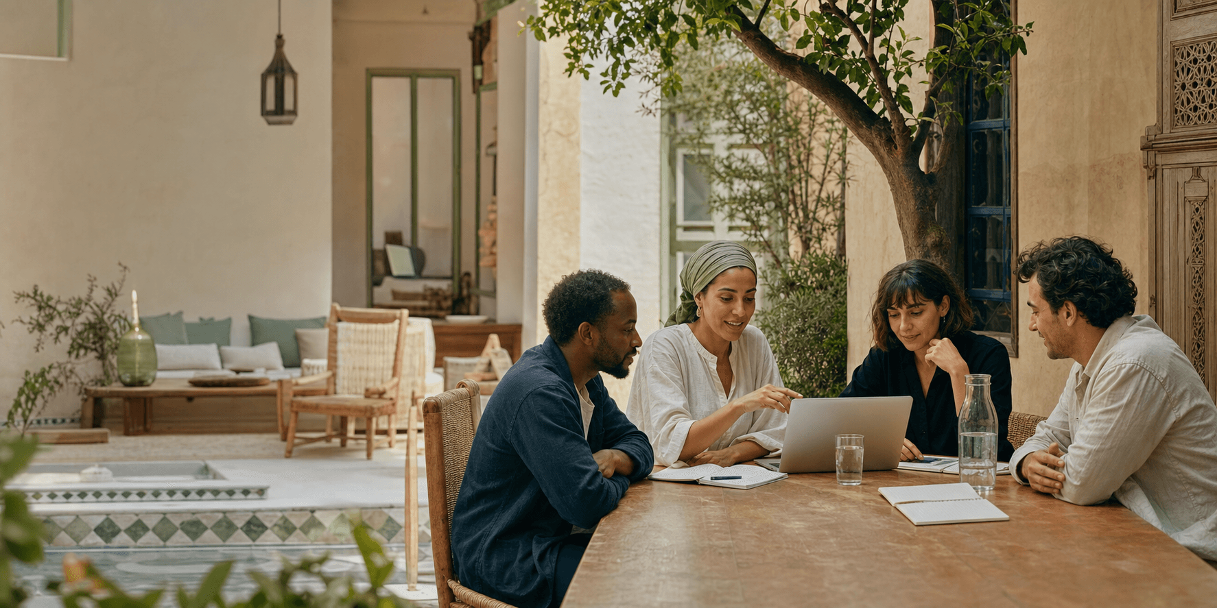 A hospitality team collaborating in a riad courtyard