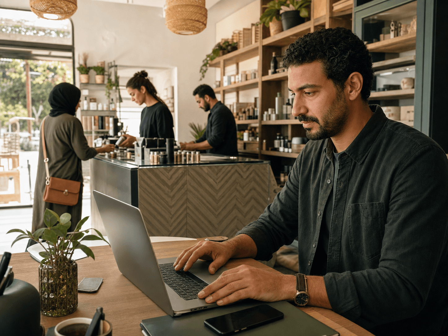 A business owner reviewing customer conversations on a tablet