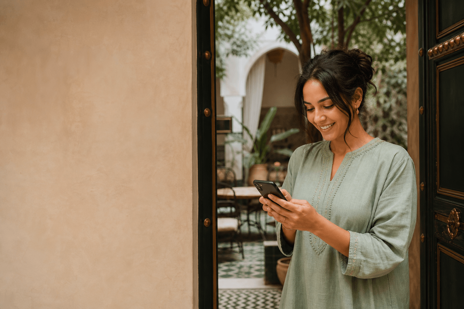 A riad host responding to a guest on her phone